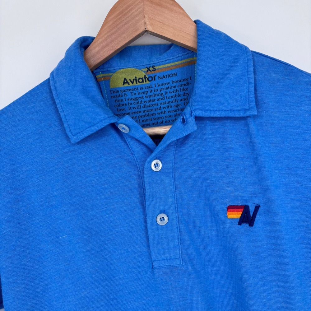Aviator Nation Polo Shirt Mens XS Ocean Blue Short Sleeve Logo Tri-Blend *FLAW